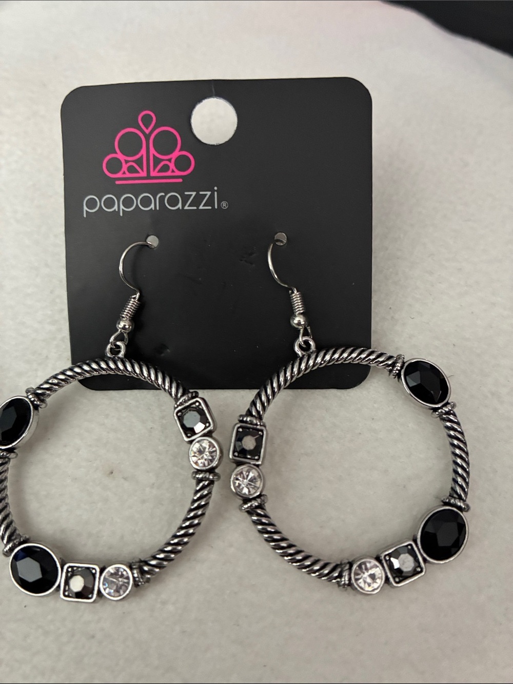 Paparazzi Silver Hoop Earrings with Black and Clear Stones